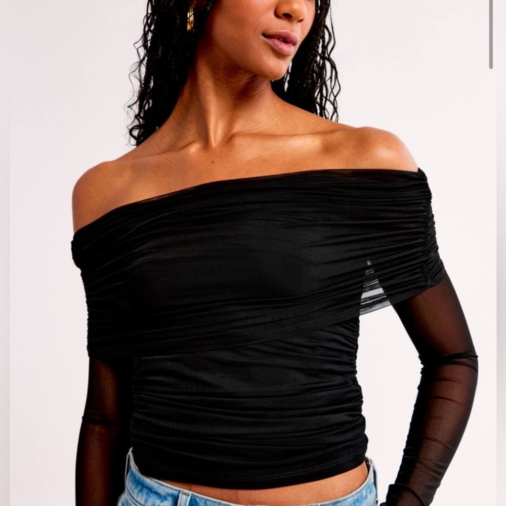 Off-Shoulder Black Ruched Mesh Long Sleeve Top